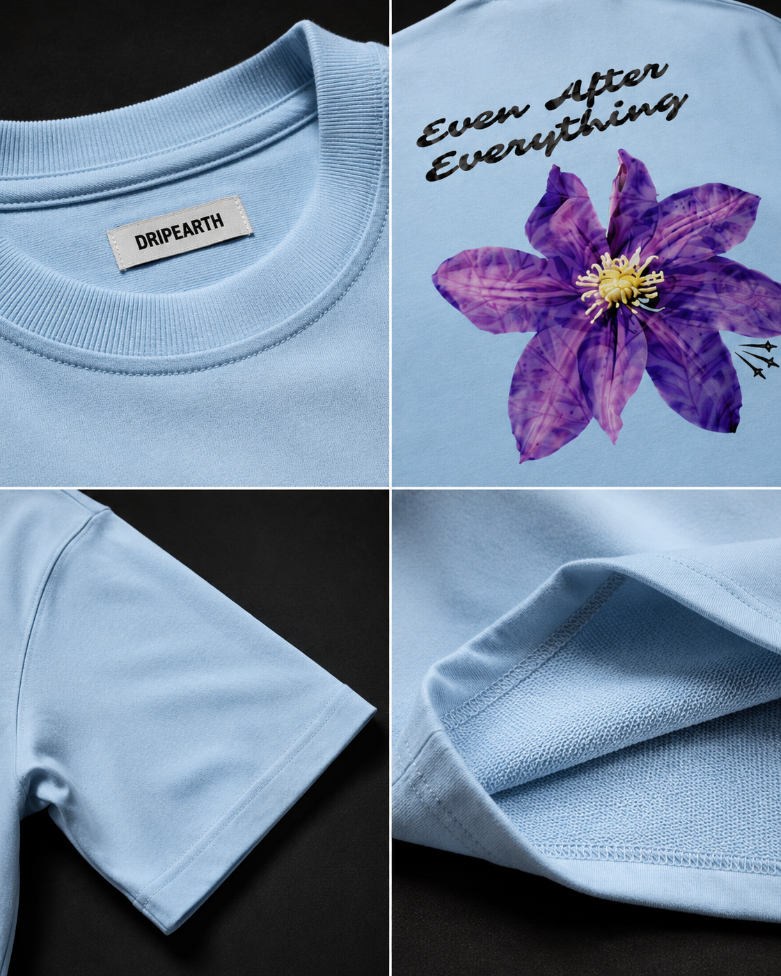 Baby-Blue Still Blooming Premium Oversized T-Shirt detail collage showing fabric texture, print and construction close-ups
