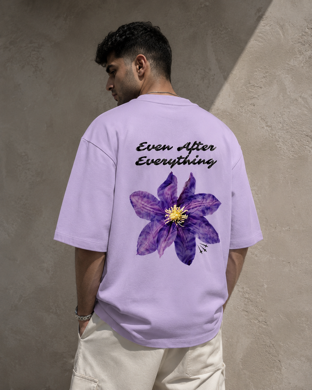Lavender Still Blooming Premium Oversized T-Shirt back view with Ever After Everything floral artwork