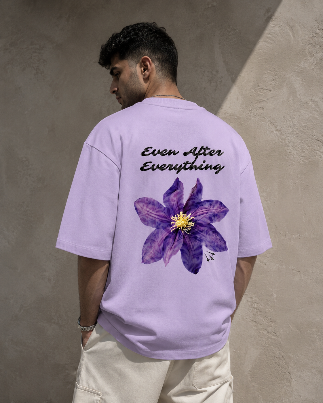 Lavender Still Blooming Premium Oversized T-Shirt back view with Ever After Everything floral artwork