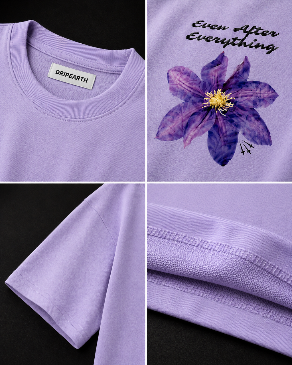 Lavender Still Blooming Premium Oversized T-Shirt detail collage showing fabric texture, print and construction close-ups