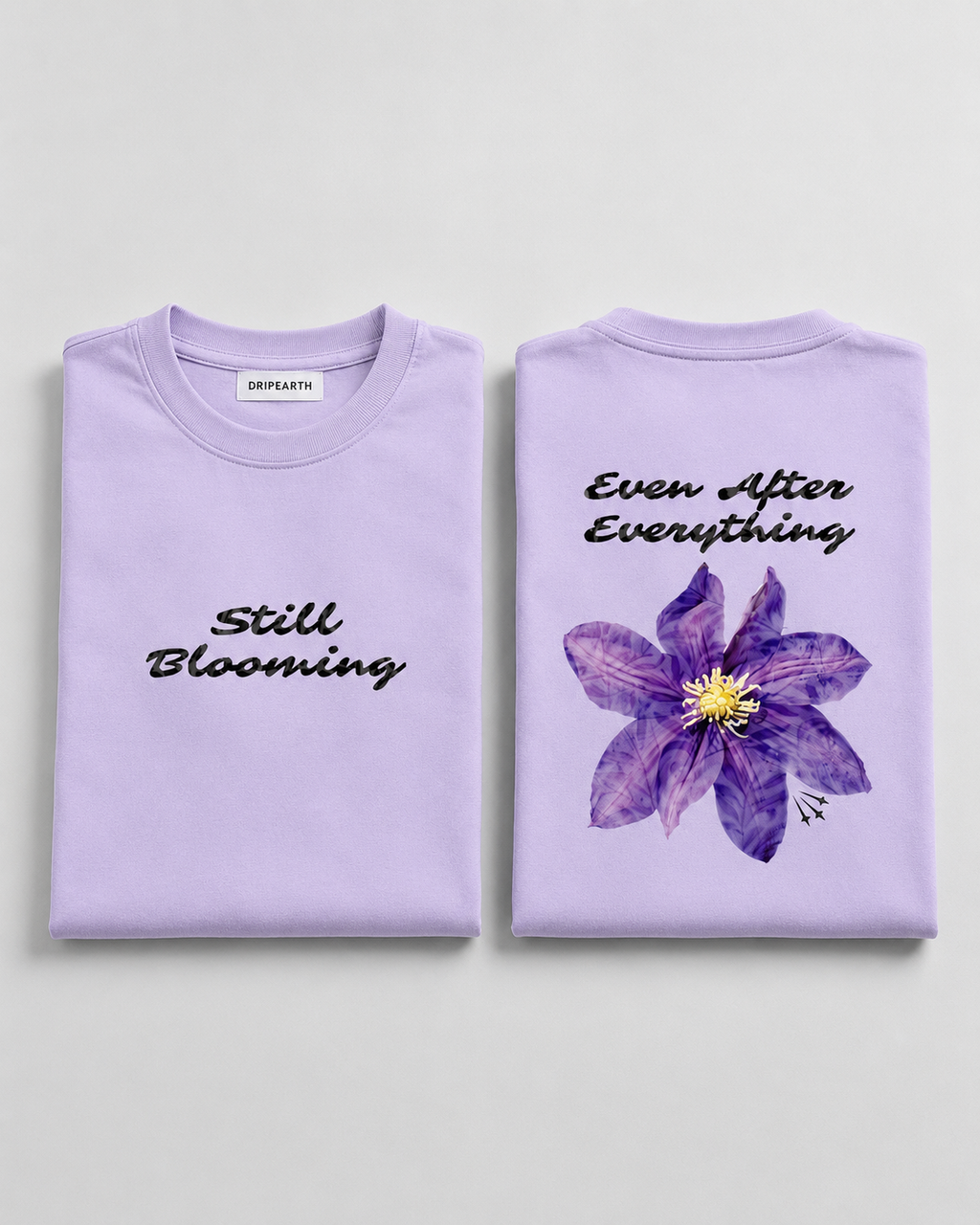 Lavender Still Blooming Premium Oversized T-Shirt hero product view with front and back presentation