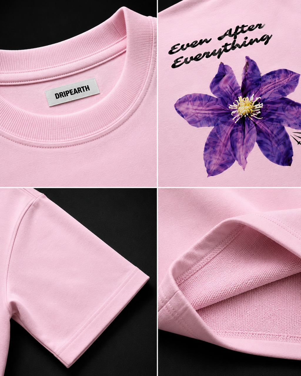 Light-Baby-Pink Still Blooming Premium Oversized T-Shirt detail collage showing fabric texture, print and construction close-ups