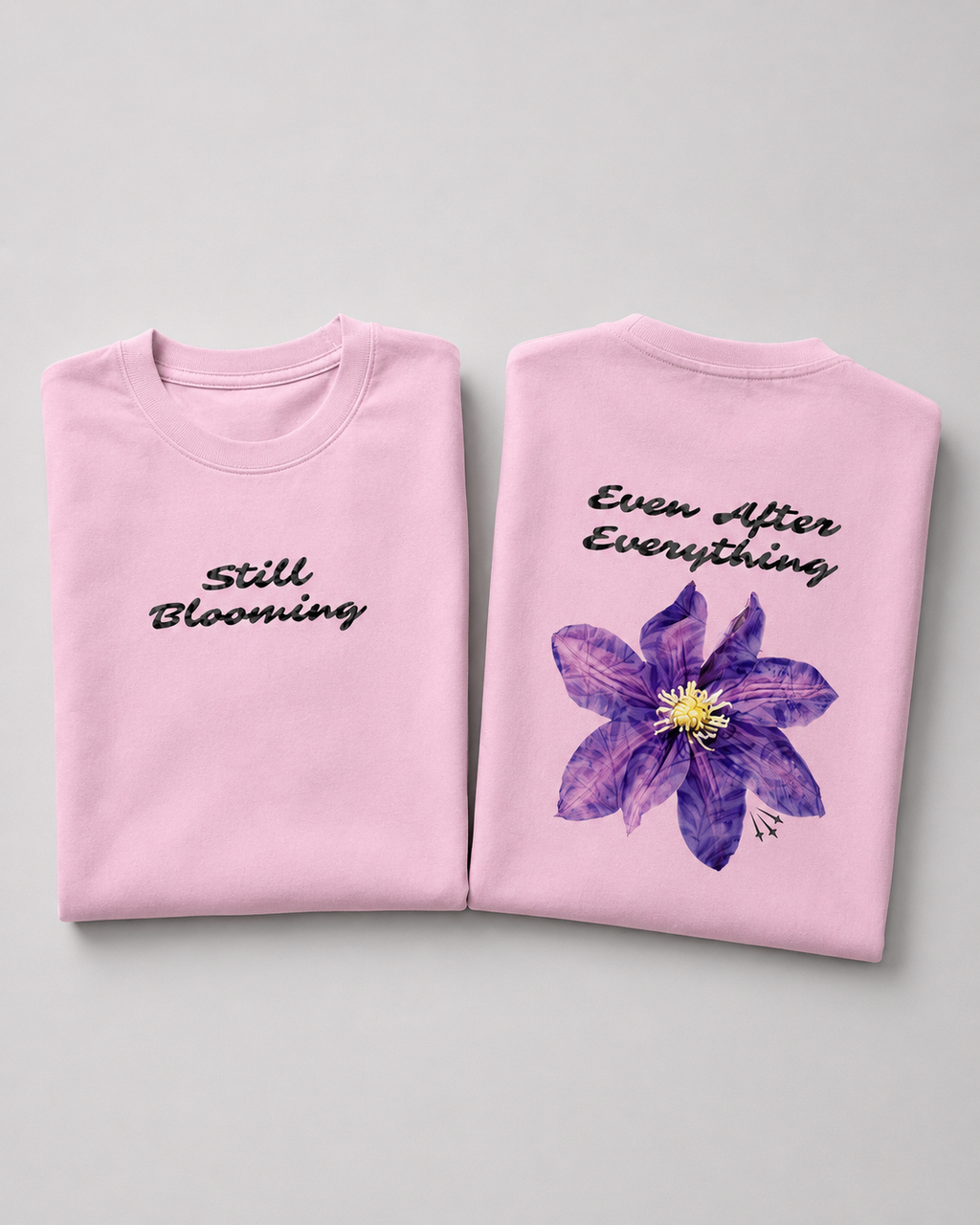 Light-Baby-Pink Still Blooming Premium Oversized T-Shirt hero product view with front and back presentation