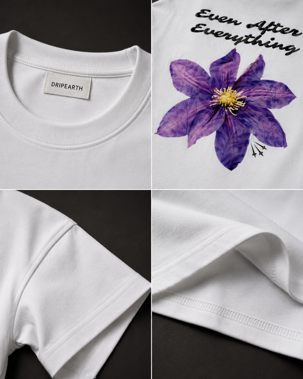 White Still Blooming Premium Oversized T-Shirt detail collage showing fabric texture, print and construction close-ups