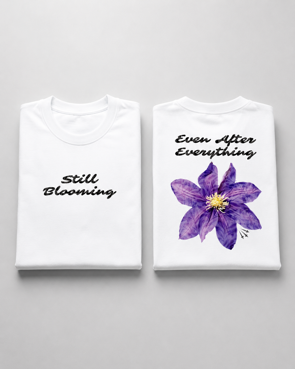White Still Blooming Premium Oversized T-Shirt hero product view with front and back presentation