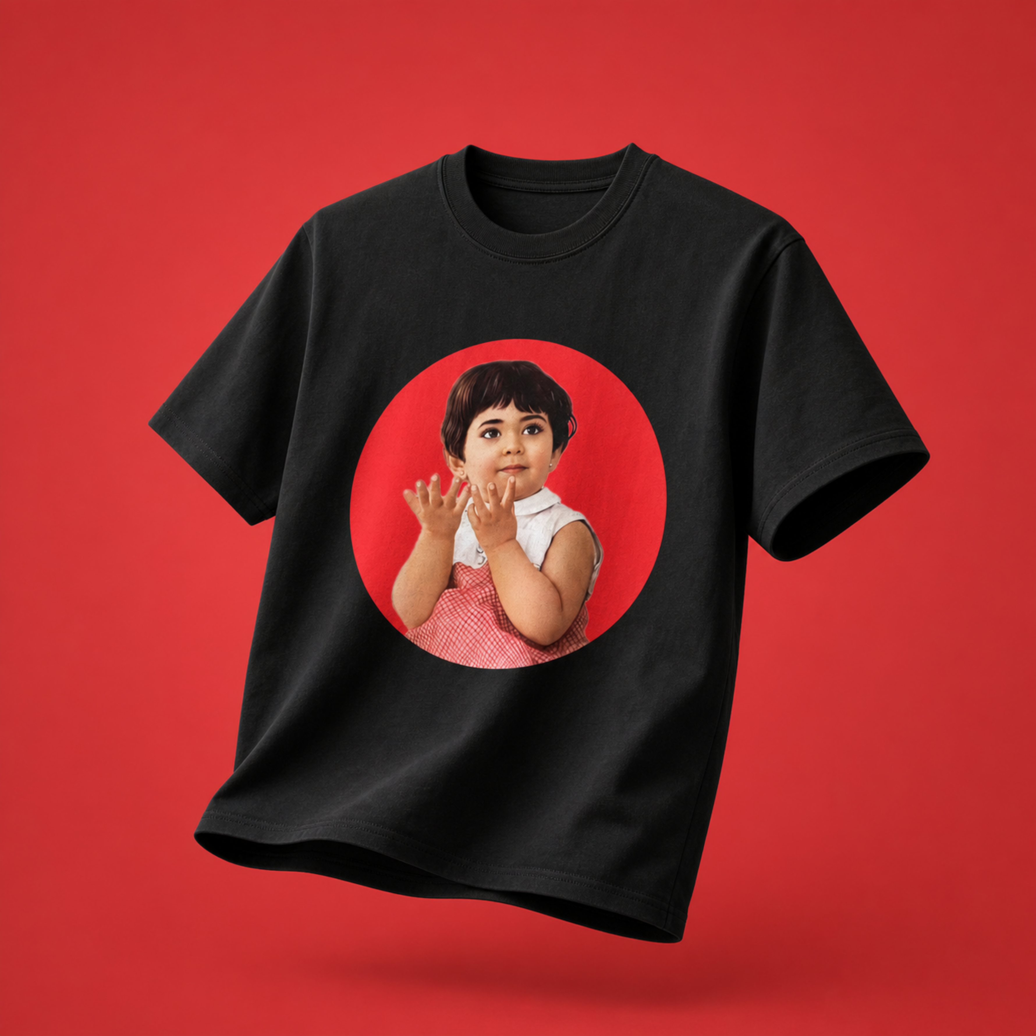 Black t-shirt with a graphic of parele g girl on a red background